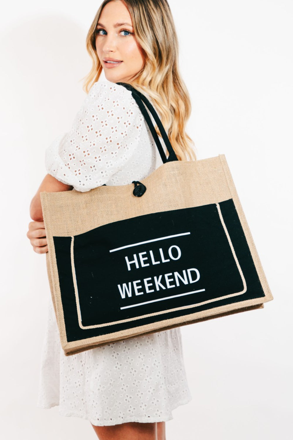 HELLO WEEKEND Burlap Tote Bag