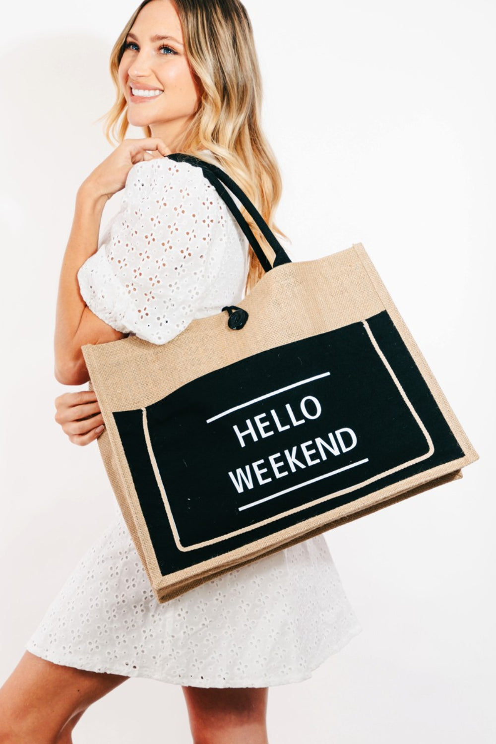 HELLO WEEKEND Burlap Tote Bag