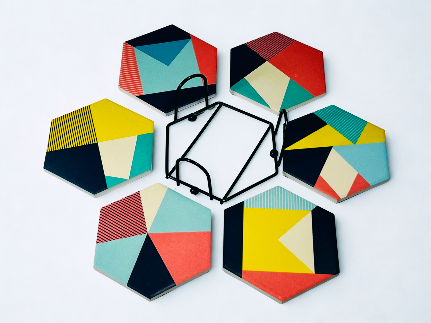 Hexagonal Multicolor Ceramic Coasters, 6 pcs.