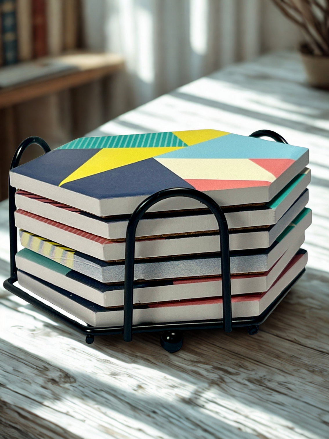 Hexagonal Multicolor Ceramic Coasters, 6 pcs.