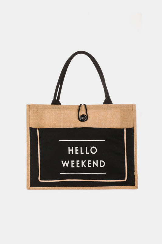 HELLO WEEKEND Burlap Tote Bag